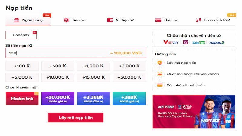 Net88 ghi nhận tiền nạp vào tài khoản rất nhanh
