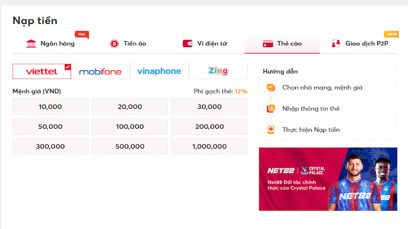 Thao tác nạp tiền siêu nhanh tại Net88
